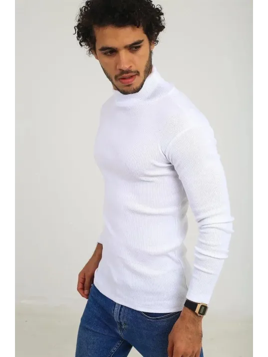 Erkek Kaşkorse Boğazlı Full Likralı Fitilli Body Kazak - Beyaz