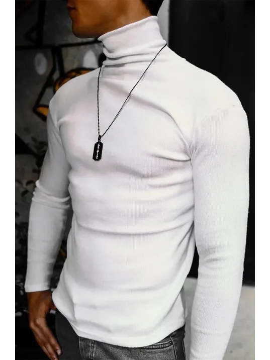 Erkek Kaşkorse Boğazlı Full Likralı Fitilli Body Kazak - Beyaz