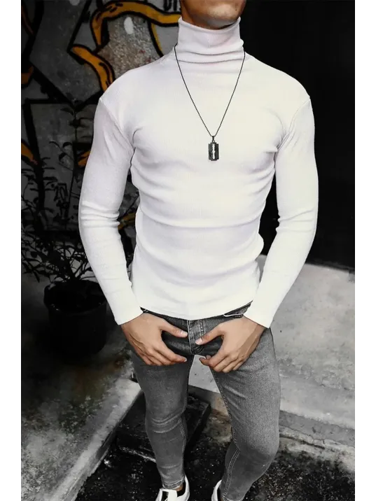 Erkek Kaşkorse Boğazlı Full Likralı Fitilli Body Kazak - Beyaz