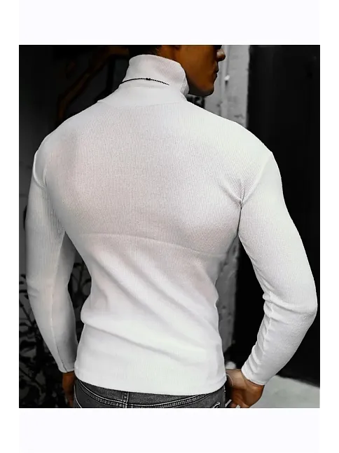 Erkek Kaşkorse Boğazlı Full Likralı Fitilli Body Kazak - Beyaz