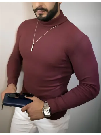 Erkek Tam Boğazlı Fitilli Kaşkorse Triko – Likralı, Extra Dar Kesim Slimfit, Yumuşak Kaşmir Dokulu Model - Bordo