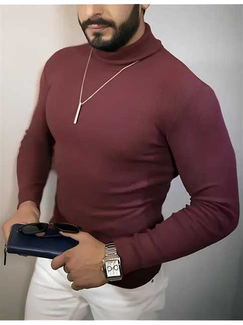 Erkek Kaşkorse Boğazlı Full Likralı Fitilli Body Kazak - Bordo