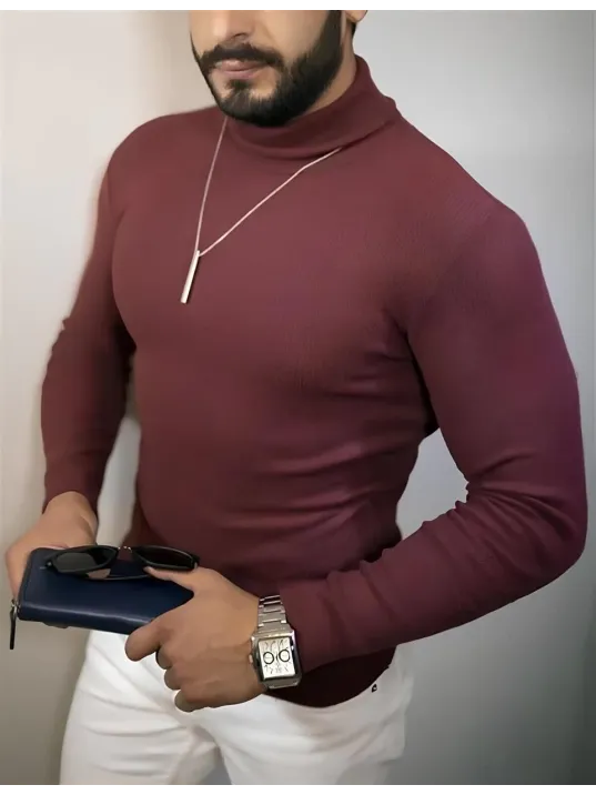 Erkek Tam Boğazlı Fitilli Kaşkorse Triko – Likralı, Extra Dar Kesim Slimfit, Yumuşak Kaşmir Dokulu Model - Bordo Erkek Tam Boğazlı Fitilli Kaşkorse Triko – Likralı, Extra Dar Kesim Slimfit, Yumuşak Kaşmir Dokulu Model - Bordo