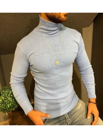 Erkek Kaşkorse Boğazlı Full Likralı Fitilli Body Kazak - Gri