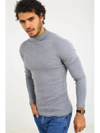 Erkek Kaşkorse Boğazlı Full Likralı Fitilli Body Kazak - Gri