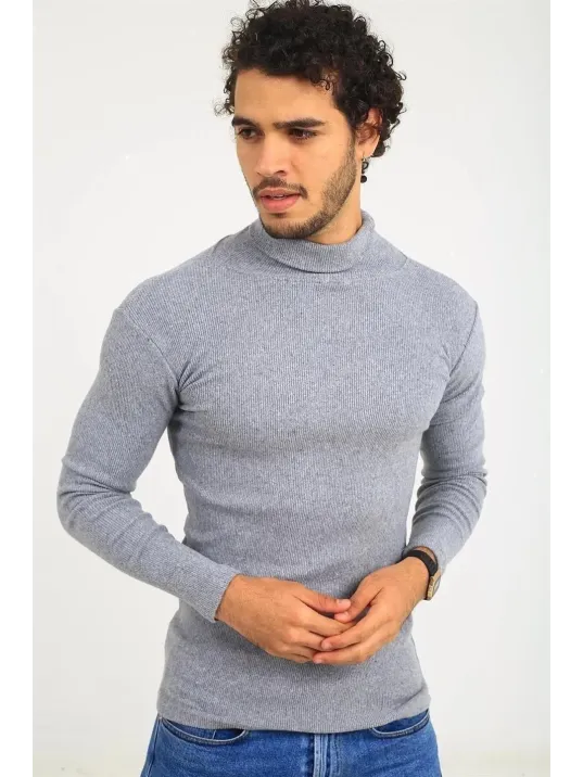 Erkek Kaşkorse Boğazlı Full Likralı Fitilli Body Kazak - Gri