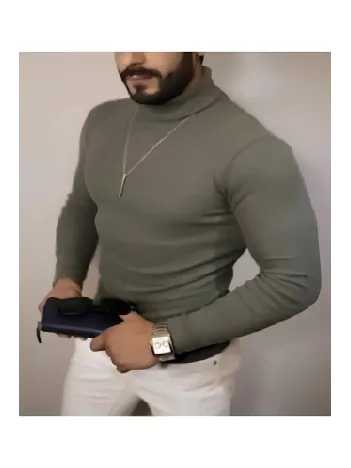 Erkek Kaşkorse Boğazlı Full Likralı Fitilli Body Kazak - Haki