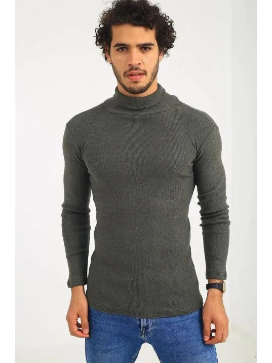 Erkek Kaşkorse Boğazlı Full Likralı Fitilli Body Kazak - Haki Erkek Kaşkorse Boğazlı Full Likralı Fitilli Body Kazak - Haki