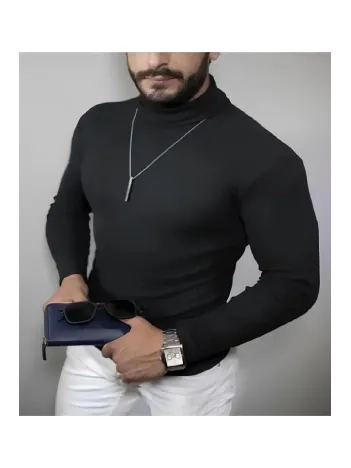 Erkek Kaşkorse Boğazlı Full Likralı Fitilli Body Kazak - Siyah