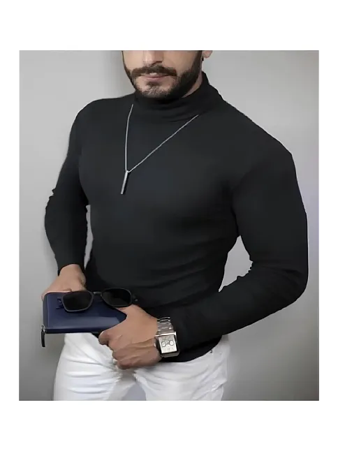 Erkek Kaşkorse Boğazlı Full Likralı Fitilli Body Kazak - Siyah