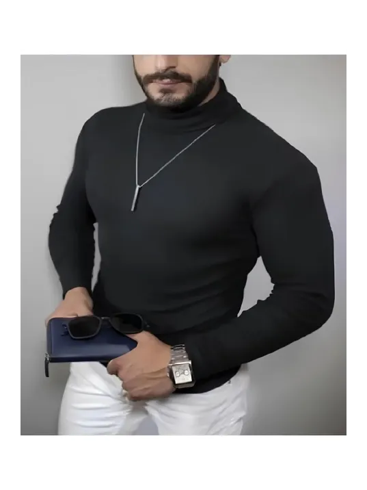 Erkek Kaşkorse Boğazlı Full Likralı Fitilli Body Kazak - Siyah