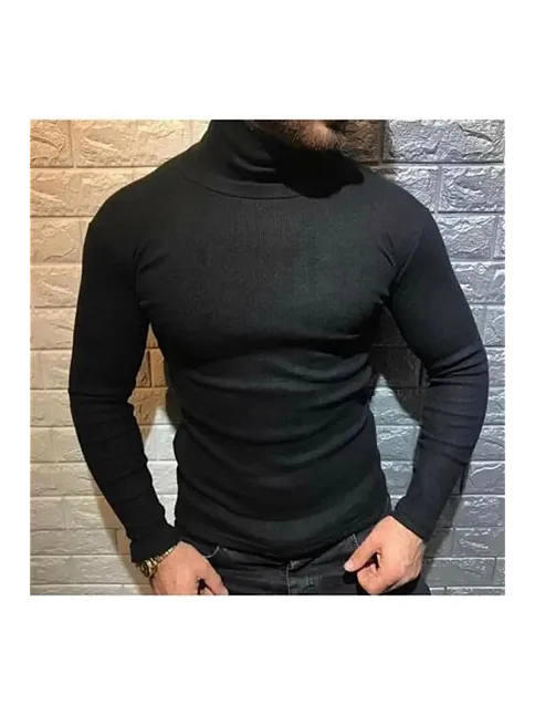 Erkek Kaşkorse Boğazlı Full Likralı Fitilli Body Kazak - Siyah