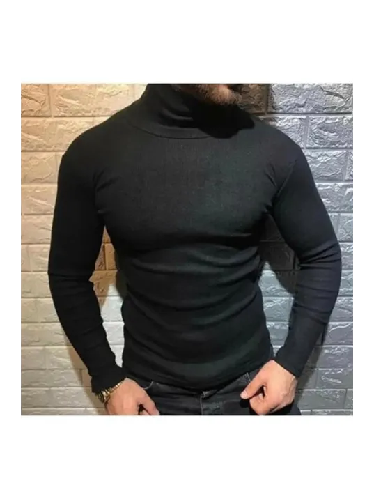 Erkek Kaşkorse Boğazlı Full Likralı Fitilli Body Kazak - Siyah