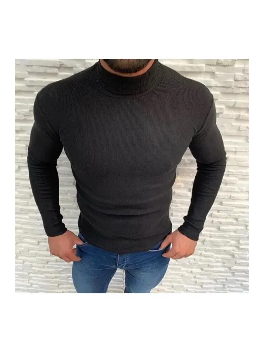 Erkek Kaşkorse Boğazlı Full Likralı Fitilli Body Kazak - Siyah