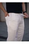 Erkek Keten Cepli Çıma Dikişli Jogger Buggy Pantalon Rahat Kalıp - Beyaz