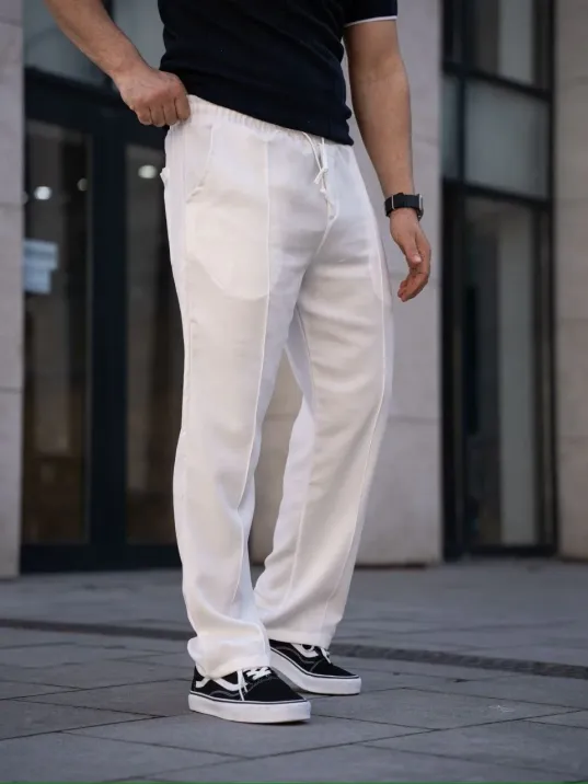 Erkek Keten Cepli Çıma Dikişli jogger Buggy Pantalon Rahat kalıp - Beyaz Erkek Keten Cepli Çıma Dikişli jogger Buggy Pantalon Rahat kalıp - Beyaz