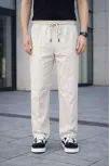 Erkek Keten Cepli Çıma Dikişli Jogger Buggy Pantalon Rahat Kalıp - Krem