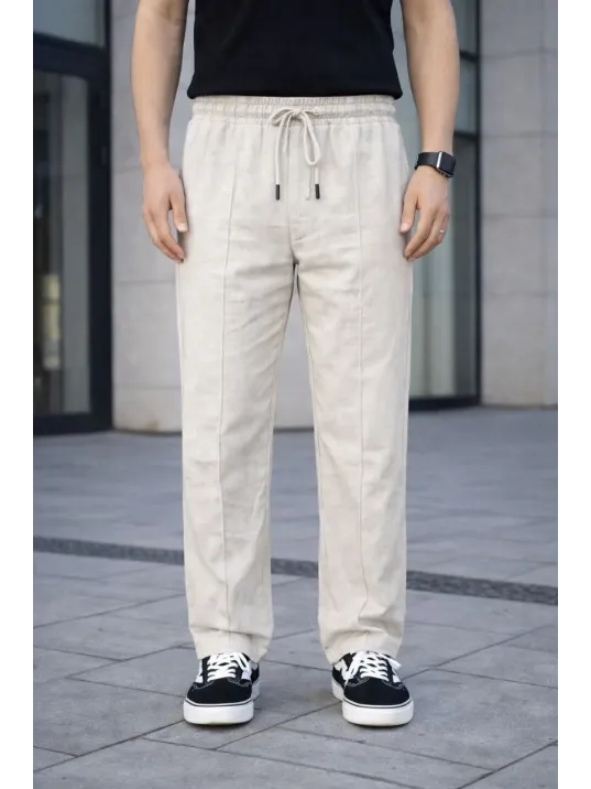 Erkek Keten Cepli Çıma Dikişli Jogger Buggy Pantalon Rahat Kalıp - Krem