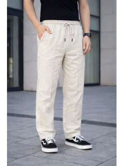 Erkek Keten Cepli Çıma Dikişli Jogger Buggy Pantalon Rahat Kalıp - Krem