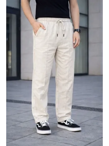 Erkek Keten Cepli Çıma Dikişli Jogger Buggy Pantalon Rahat Kalıp - Krem
