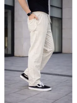 Erkek Keten Cepli Çıma Dikişli Jogger Buggy Pantalon Rahat Kalıp - Krem