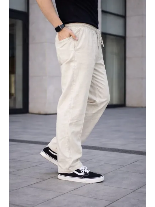 Erkek Keten Cepli Çıma Dikişli Jogger Buggy Pantalon Rahat Kalıp - Krem
