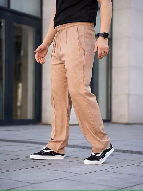 Erkek Keten Cepli Çıma Dikişli Jogger Buggy Pantalon Rahat Kalıp - Kahverengi