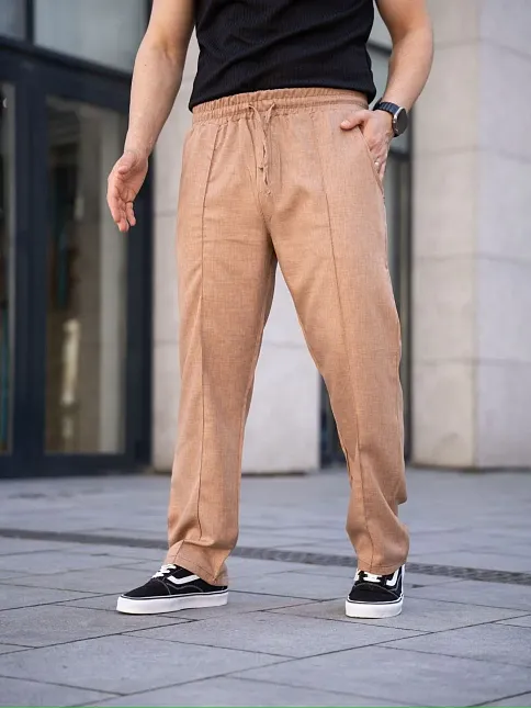 Erkek Keten Cepli Çıma Dikişli Jogger Buggy Pantalon Rahat Kalıp - Kahverengi