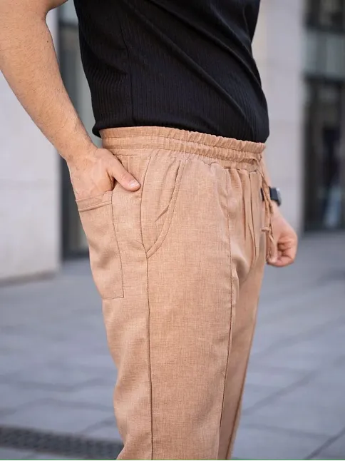 Erkek Keten Cepli Çıma Dikişli Jogger Buggy Pantalon Rahat Kalıp - Kahverengi