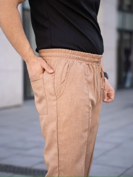 Erkek Keten Cepli Çıma Dikişli jogger Buggy Pantalon Rahat kalıp - Kahverengi Erkek Keten Cepli Çıma Dikişli jogger Buggy Pantalon Rahat kalıp - Kahverengi