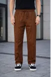 Erkek Keten Cepli Çıma Dikişli Jogger Buggy Pantalon Rahat Kalıp - Kahverengi