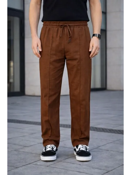 Erkek Keten Cepli Çıma Dikişli Jogger Buggy Pantalon Rahat Kalıp - Kahverengi