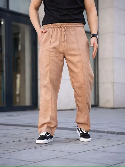 Erkek Keten Cepli Çıma Dikişli Jogger Buggy Pantalon Rahat Kalıp - Kahverengi