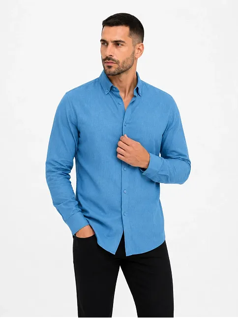 Erkek Keten Kumaş Oversize Uzun Kollu Rahat Kalıp Gömlek - Açık Mavi