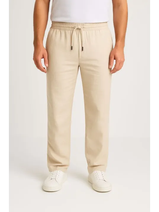 Erkek Keten Pantolon – Cepli, Beli Lastikli ve Bağcıklı, Nefes Alan Rahat Kalıp, Yazlık ve Baharlık Günlük Giyim, Şık & Konforlu Boru Paça Model - Bej Erkek Keten Pantolon – Cepli, Beli Lastikli ve Bağcıklı, Nefes Alan Rahat Kalıp, Yazlık ve Baharlık Günlük Giyim, Şık & Konforlu Boru Paça Model - Bej