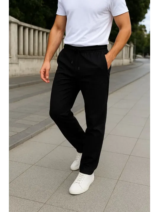 Erkek Keten Pantolon – Cepli, Beli Lastikli ve Bağcıklı, Nefes Alan Rahat Kalıp, Yazlık ve Baharlık Günlük Giyim, Şık & Konforlu Boru Paça Model - Siyah Erkek Keten Pantolon – Cepli, Beli Lastikli ve Bağcıklı, Nefes Alan Rahat Kalıp, Yazlık ve Baharlık Günlük Giyim, Şık & Konforlu Boru Paça Model - Siyah