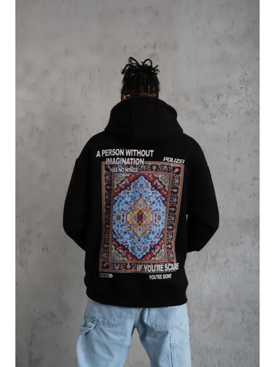 Erkek Kilim Desen Kapüşonlu - Siyah