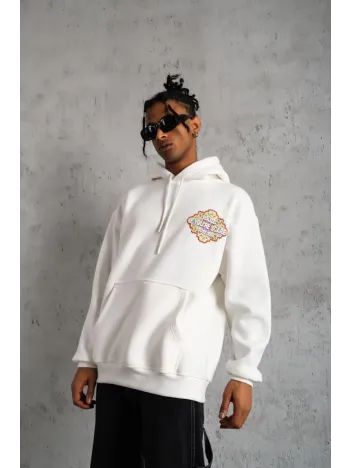 Erkek Kilim Desen Kapüşonlu Sweat- Beyaz