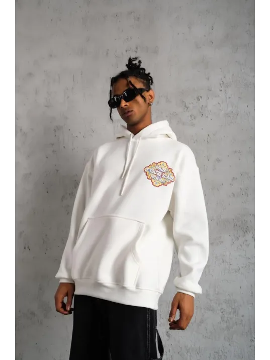 Erkek Kilim Desen Kapüşonlu Sweat- Beyaz