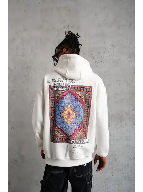 Erkek Kilim Desen Kapüşonlu Sweat- Beyaz