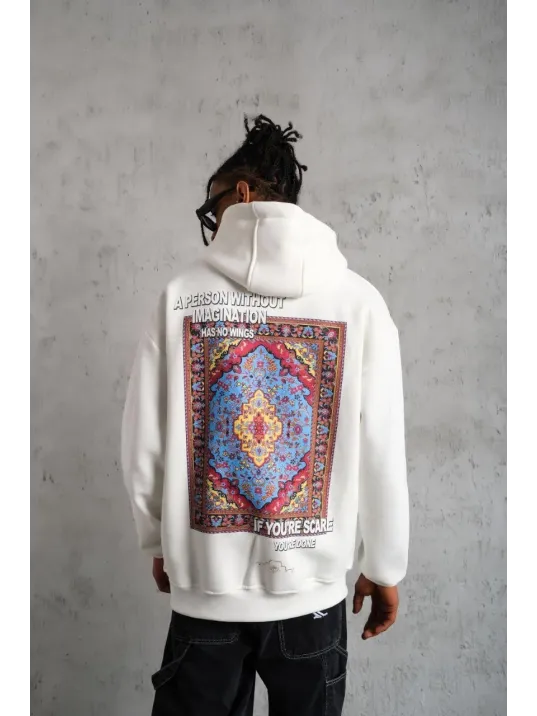 Erkek Kilim Desen Kapüşonlu Sweat- Beyaz