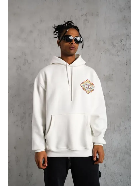 Erkek Kilim Desen Kapüşonlu Sweat- Beyaz