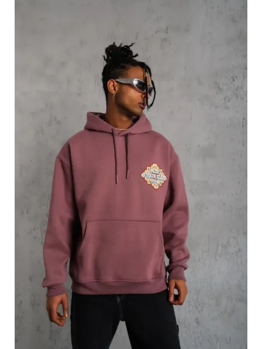 Erkek Kilim Desen Kapüşonlu Sweat - Gül Kurusu