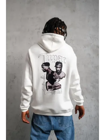 Erkek Oversize Üç İplik Kapüşonlu Sweat – Kol ve Etek Ribana Detaylı, Ön ve Sırt Baskılı, Kanguru Cepli Rahat Kalıp Model - Beyaz Erkek Oversize Üç İplik Kapüşonlu Sweat – Kol ve Etek Ribana Detaylı, Ön ve Sırt Baskılı, Kanguru Cepli Rahat Kalıp Model - Beyaz