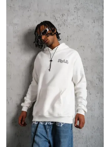 Erkek Oversize Üç İplik Kapüşonlu Sweat – Kol ve Etek Ribana Detaylı, Ön ve Sırt Baskılı, Kanguru Cepli Rahat Kalıp Model - Beyaz Erkek Oversize Üç İplik Kapüşonlu Sweat – Kol ve Etek Ribana Detaylı, Ön ve Sırt Baskılı, Kanguru Cepli Rahat Kalıp Model - Beyaz