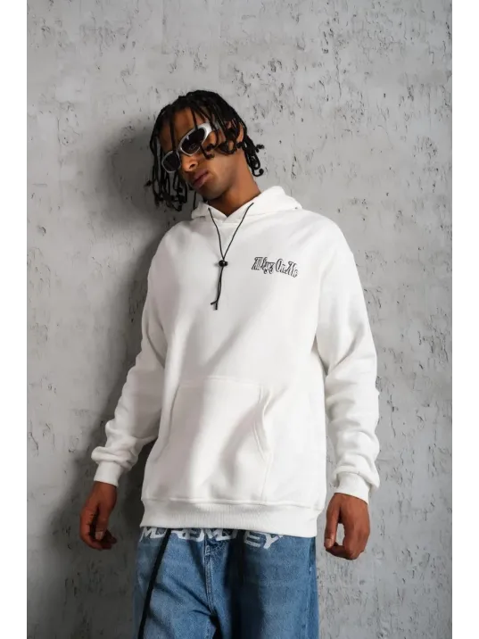 Erkek Oversize Üç İplik Kapüşonlu Sweat – Kol ve Etek Ribana Detaylı, Ön ve Sırt Baskılı, Kanguru Cepli Rahat Kalıp Model - Beyaz Erkek Oversize Üç İplik Kapüşonlu Sweat – Kol ve Etek Ribana Detaylı, Ön ve Sırt Baskılı, Kanguru Cepli Rahat Kalıp Model - Beyaz