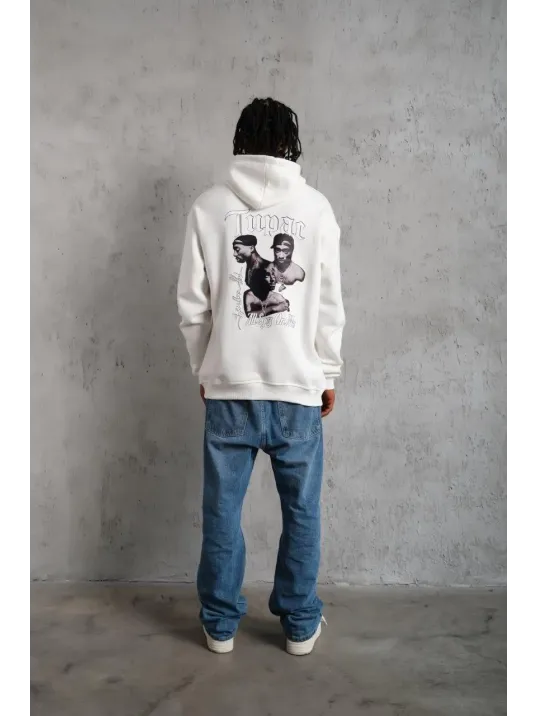 Erkek Oversize Üç İplik Kapüşonlu Sweat – Kol ve Etek Ribana Detaylı, Ön ve Sırt Baskılı, Kanguru Cepli Rahat Kalıp Model - Beyaz Erkek Oversize Üç İplik Kapüşonlu Sweat – Kol ve Etek Ribana Detaylı, Ön ve Sırt Baskılı, Kanguru Cepli Rahat Kalıp Model - Beyaz