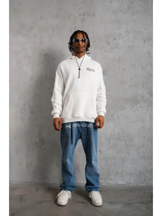 Erkek Oversize Üç İplik Kapüşonlu Sweat – Kol ve Etek Ribana Detaylı, Ön ve Sırt Baskılı, Kanguru Cepli Rahat Kalıp Model - Beyaz Erkek Oversize Üç İplik Kapüşonlu Sweat – Kol ve Etek Ribana Detaylı, Ön ve Sırt Baskılı, Kanguru Cepli Rahat Kalıp Model - Beyaz