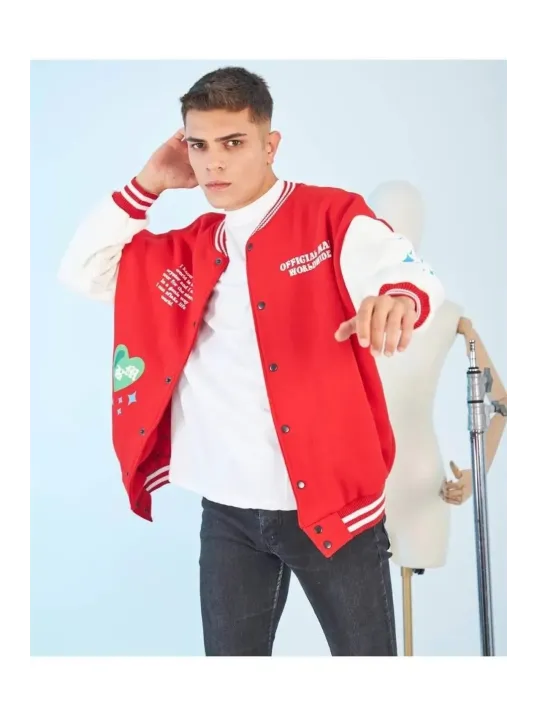 Erkek Kolları Yıldız Sırt Baskılı Oversize Kolej Ceket - Kırmızı