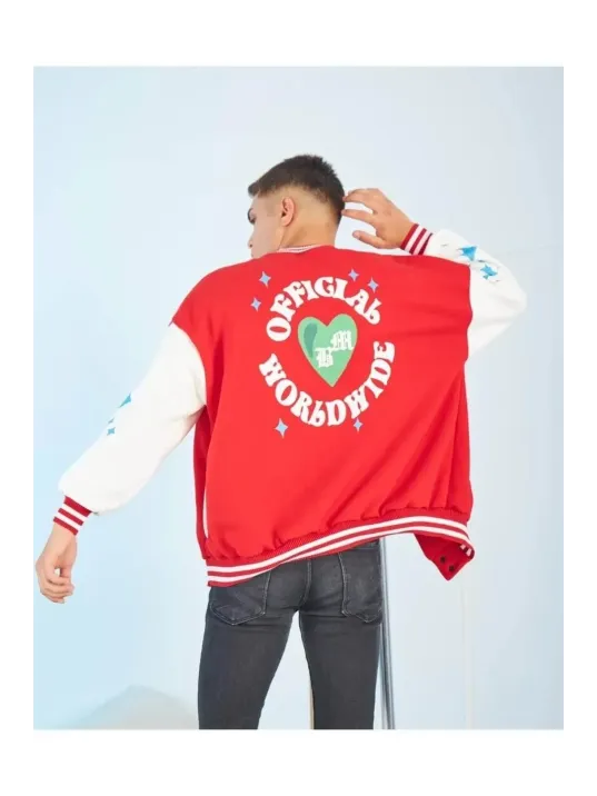 Erkek Kolları Yıldız Sırt Baskılı Oversize Kolej Ceket - Kırmızı